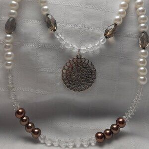 No1163 Handmade long and short row necklace with silver pendant and earrings